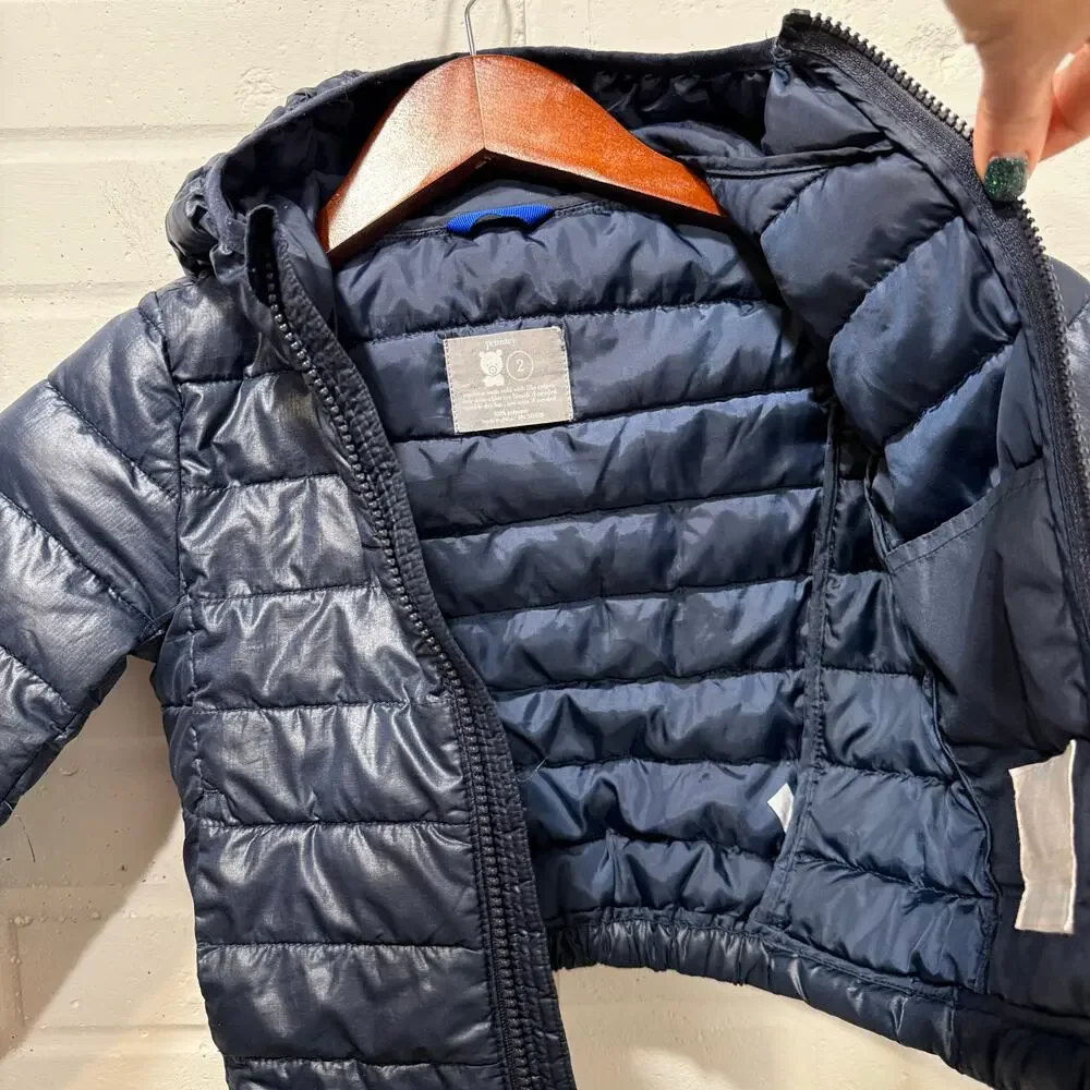 Primary Toddler Sz 2T Lightweight Water Repellent Puffer Jacket Navy‎ Blue Hood